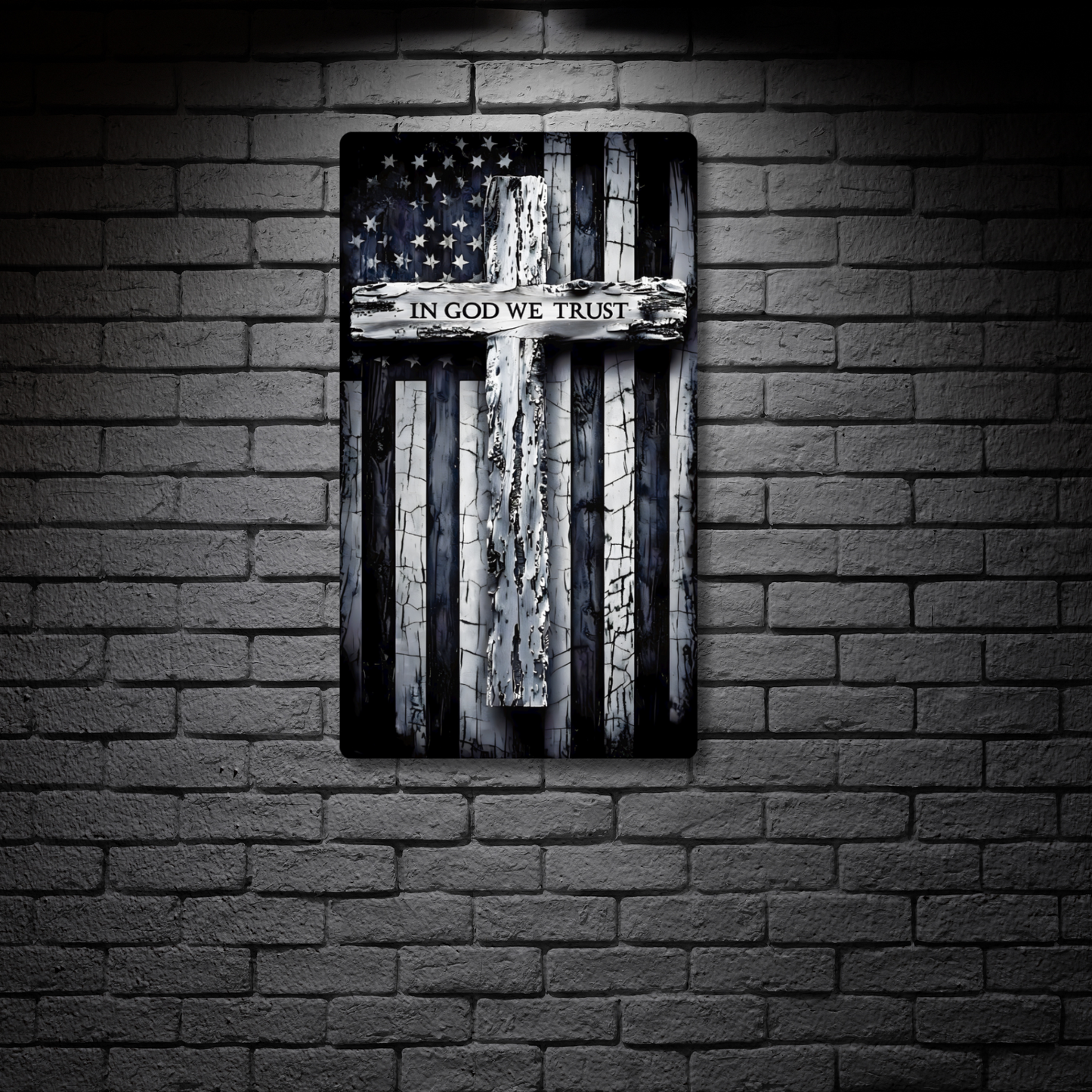 “In God We Trust” Weathered Cross Metal Print – Exclusive Design